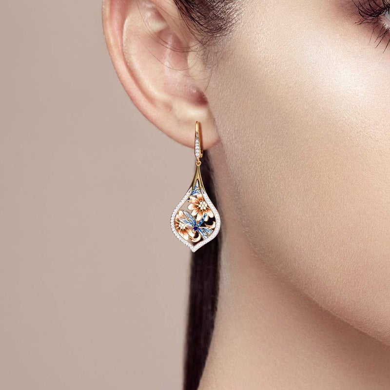 Santuzza Dragonfly Earrings Enamel Flower Cubic Zirconia 14K Gold Plated Sterling Silver Drop Earrings for Women - Image 5